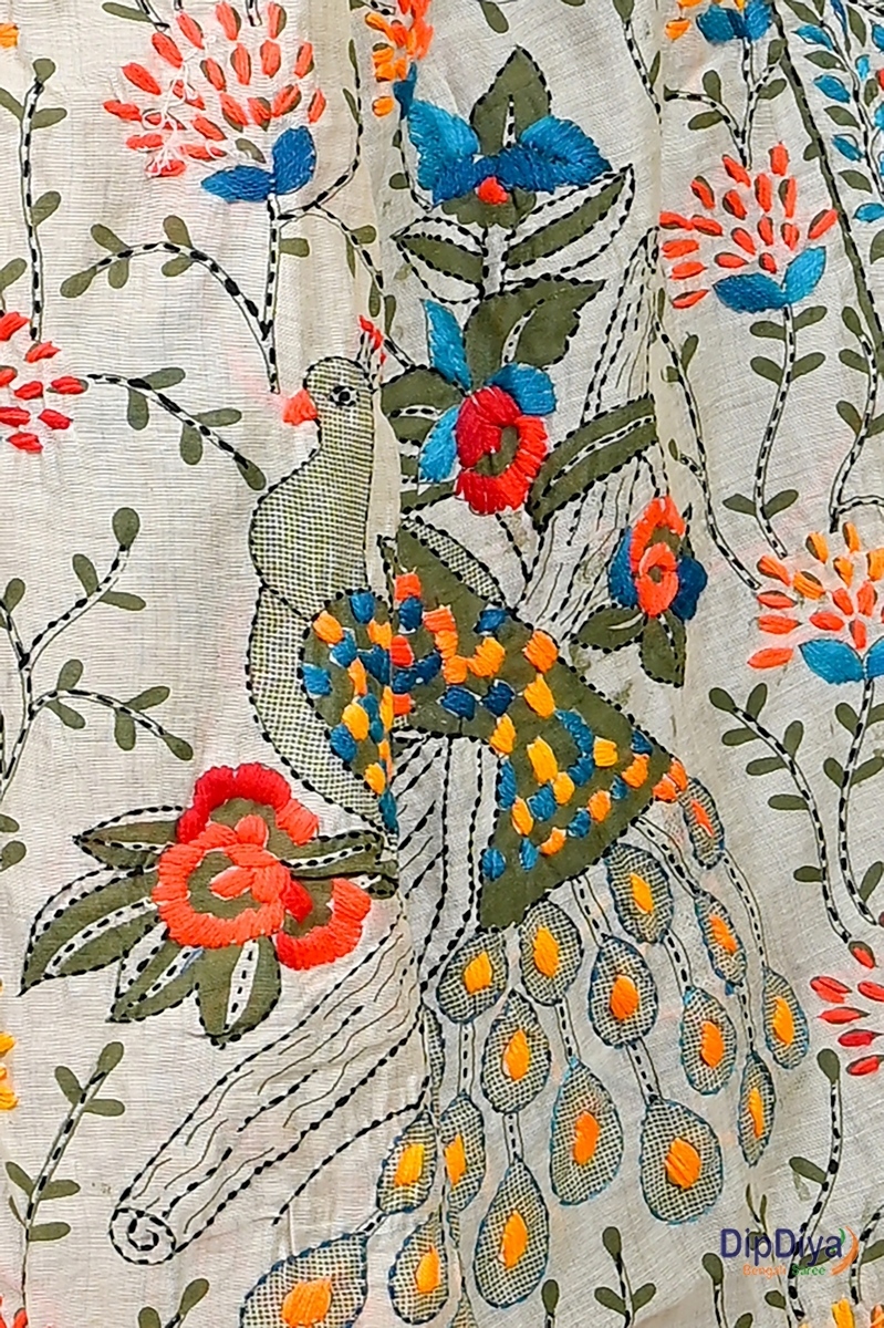 White Cotton Varitikath Kantha Stitch Saree (599)